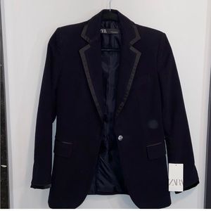 Zara Navy Satin Piped Blazer